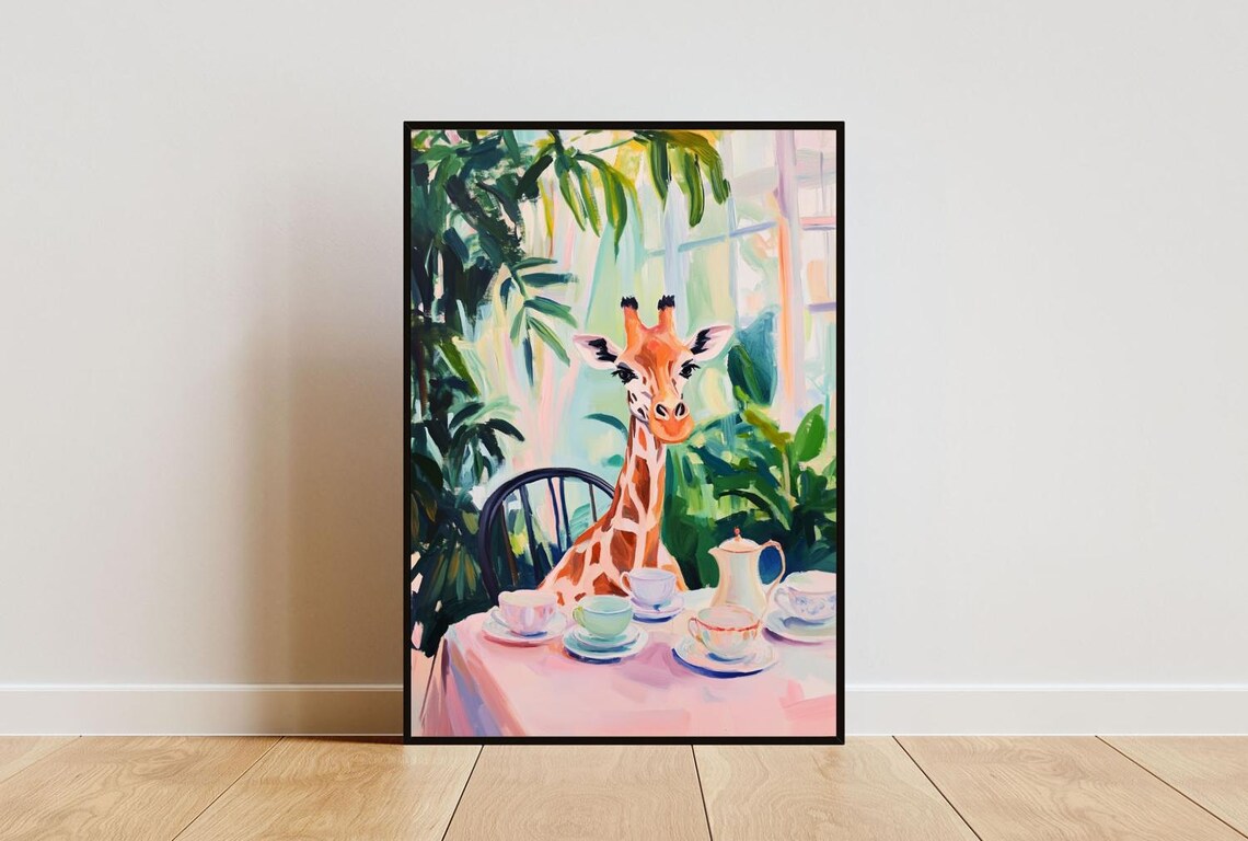 Giraffe at Tea Table Whimsical Safari Animal Painting Portrait Poster