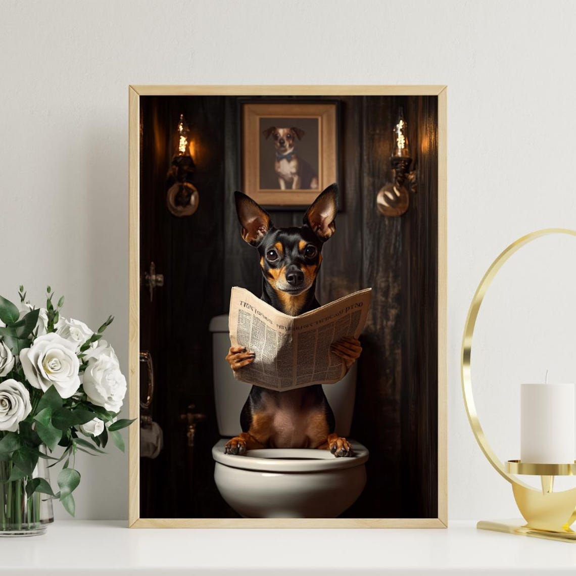 Miniature Pinscher Sitting On Toilet Reading Newspaper Poster - Image 3
