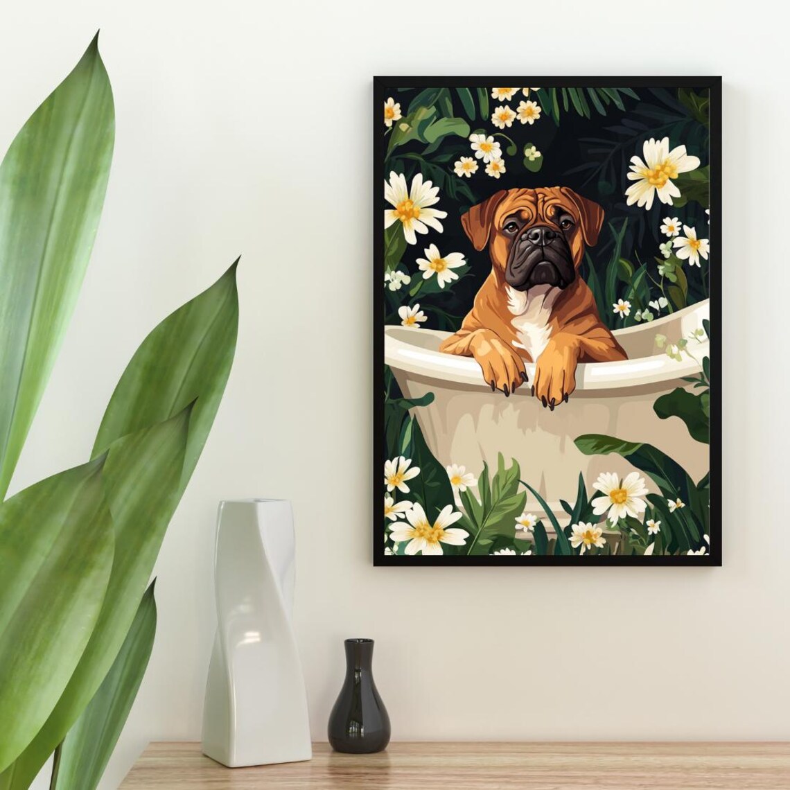 Bullmastiff Relaxing In Bathtub With Daisy Flowers Funny Dog Poster - Image 2