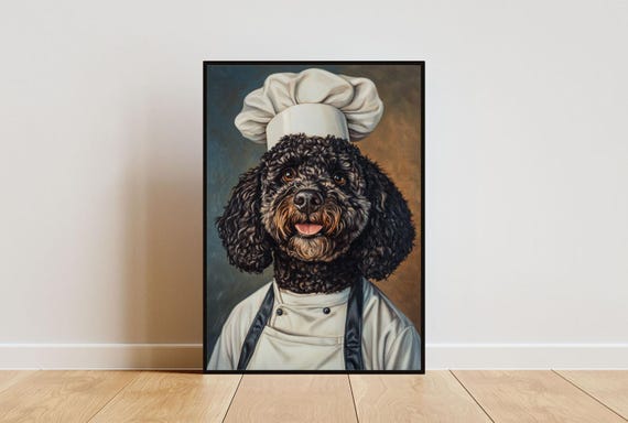 Portuguese Water Dog In Chefs Hat Poster Pet Poster Portuguese Water Dog In Apron Print Funny Dog Wall Art Portrait Dog Kitchen Poster