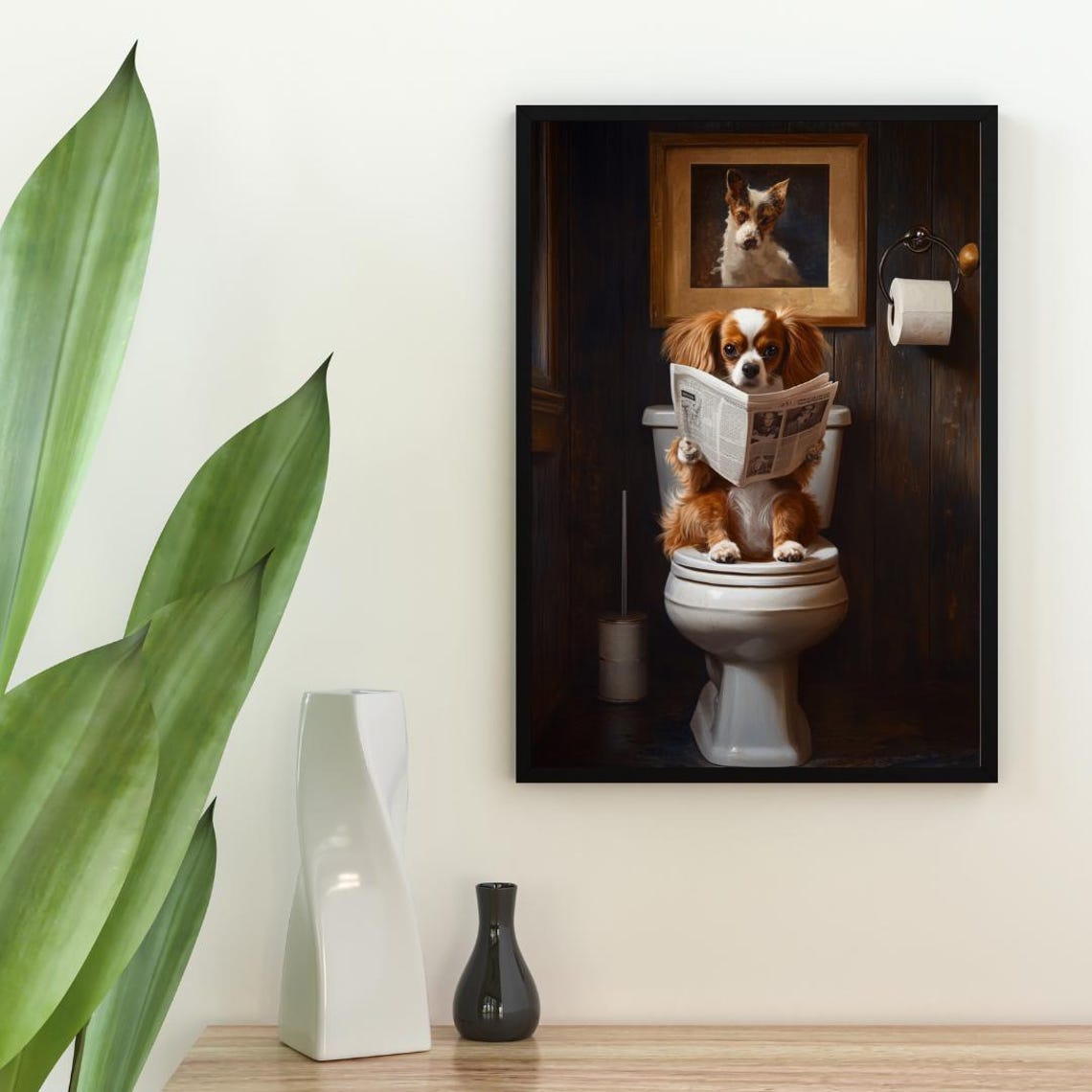 Papillon Sitting On Toilet Reading Newspaper Funny Bathroom Poster - Image 2
