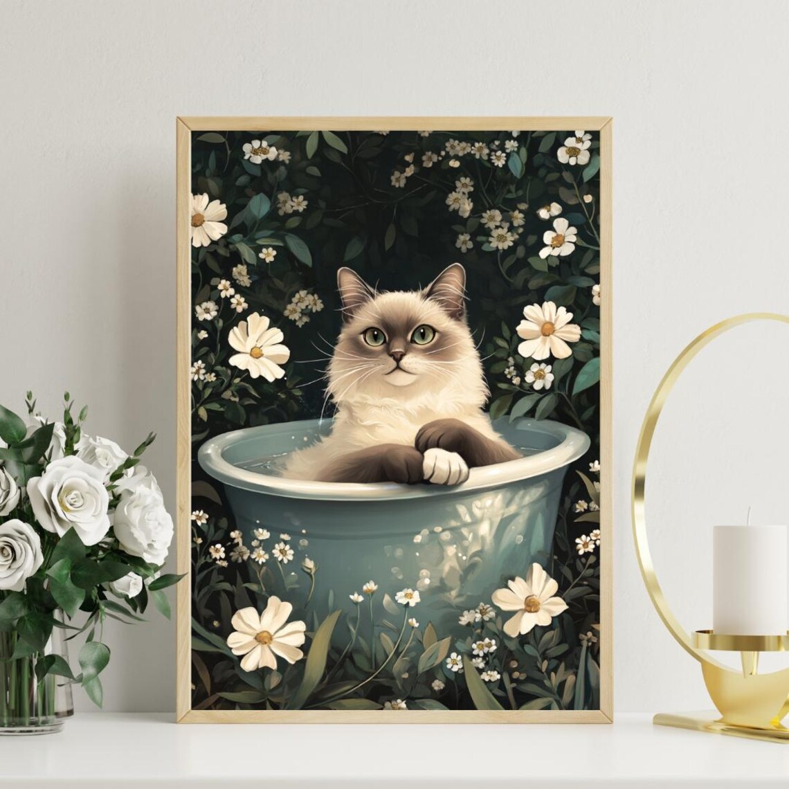 Birman Cat in Bathtub Botanical Bathroom Poster Funny Daisy Style Decor - Image 3