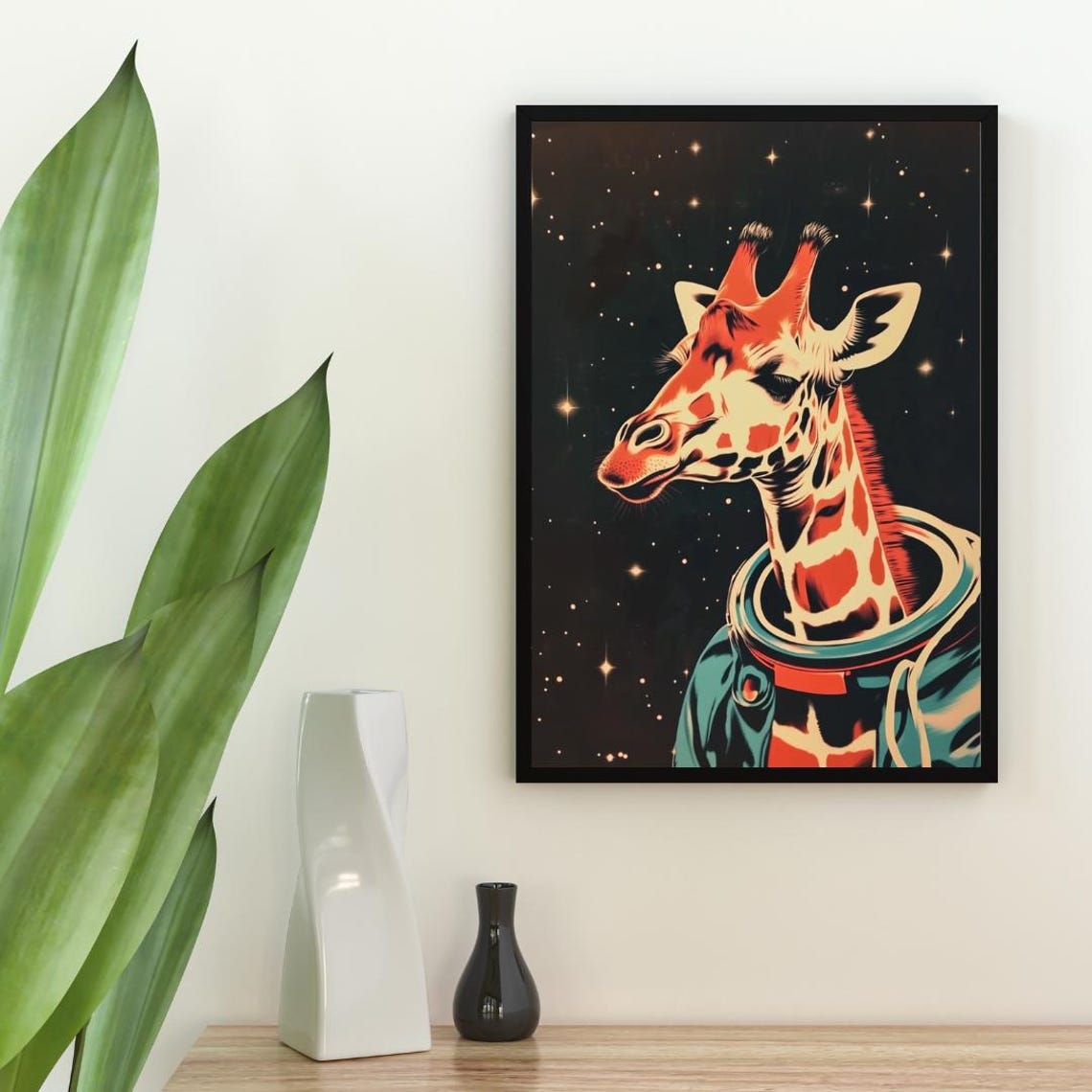 Giraffe Astronaut Starry Night Retro Vintage Space Portrait Poster - Image 2