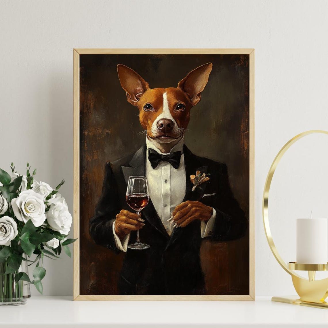 Basenji In Tuxedo Holding Red Wine Glass Elegant Dog Portrait Poster - Image 3