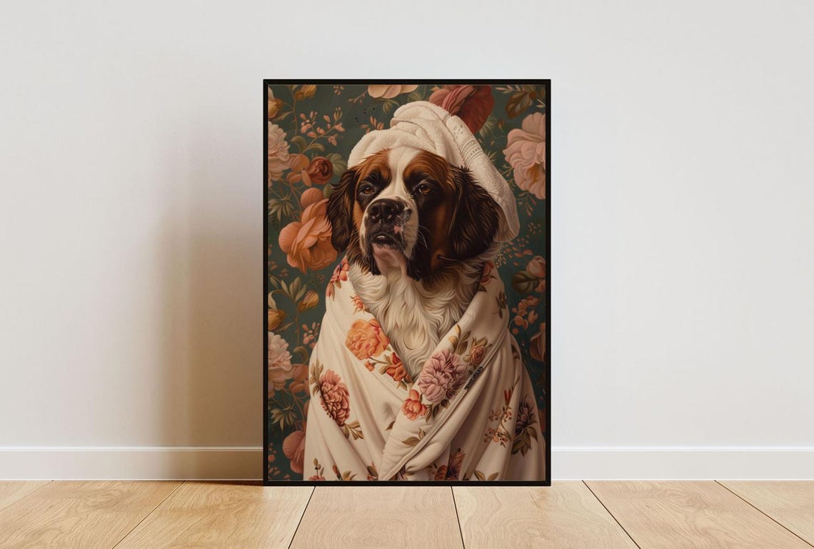 St Bernard In Bathrobe Spa Day Portrait Funny Big Dog Wall Poster