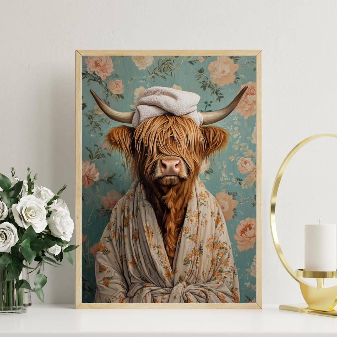 Highland Cow In Bathrobe Poster Animal Poster Highland Cow Bathroom Print Animal Wall Art Scottish Cow Portrait Animal Bathroom Poster - Image 3