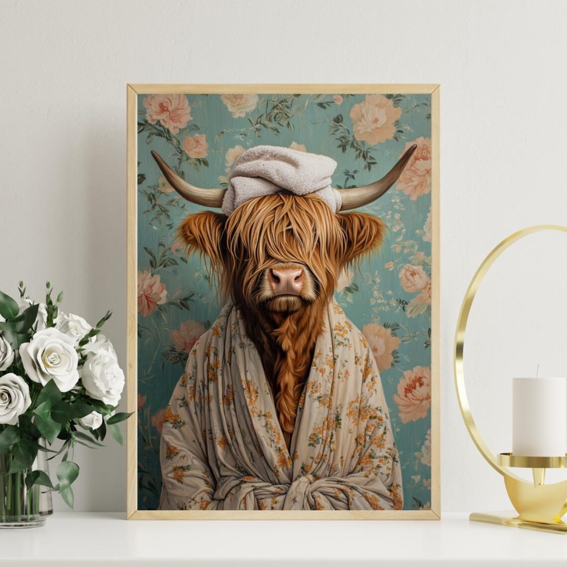 Highland Cow In Floral Bathrobe With Towel Turban Funny Poster - Image 3
