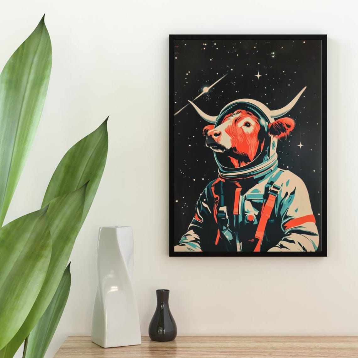 Highland Cow Astronaut Retro Poster Funny Space Cow Wall Decor Gift - Image 2