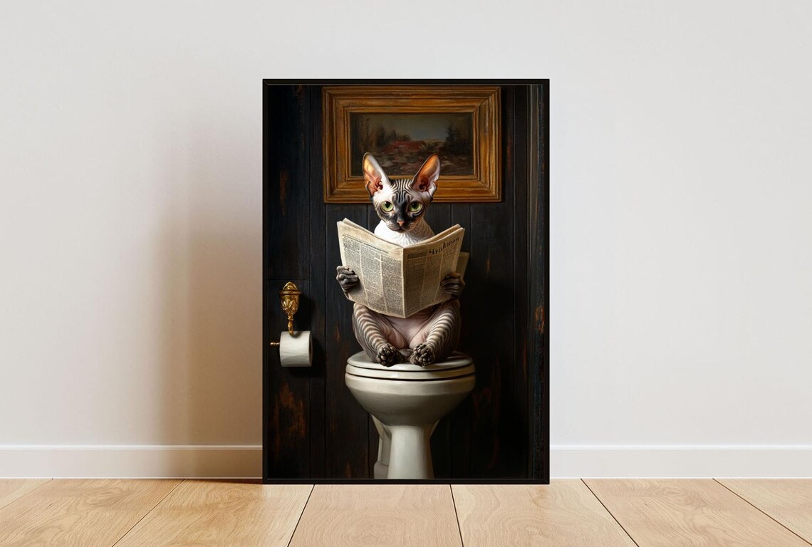 Cornish Rex Cat on a Toilet Reading a Newspaper in a Bathroom Poster
