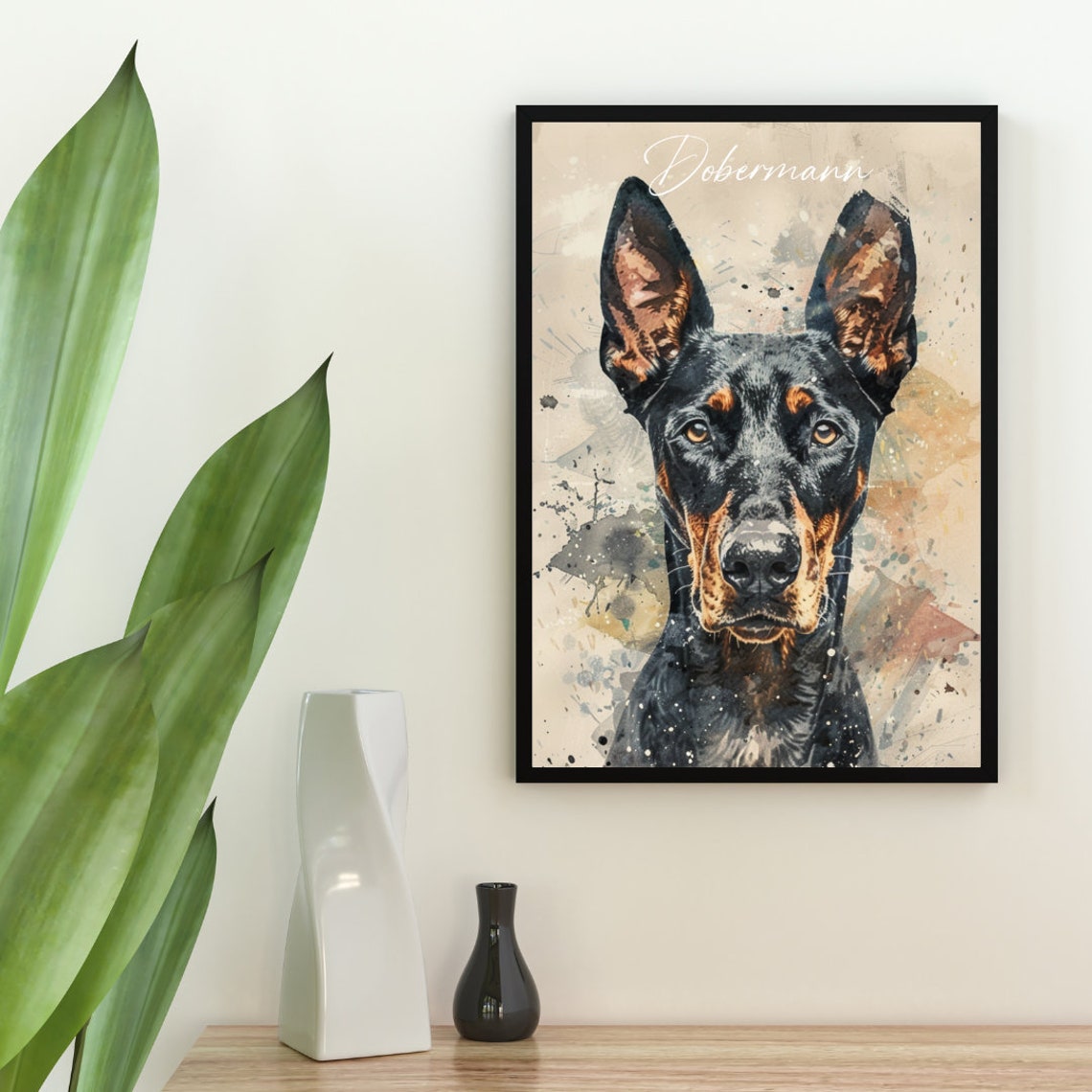 Dobermann Watercolor Dog Breed Portrait Poster Script Name Detail - Image 2