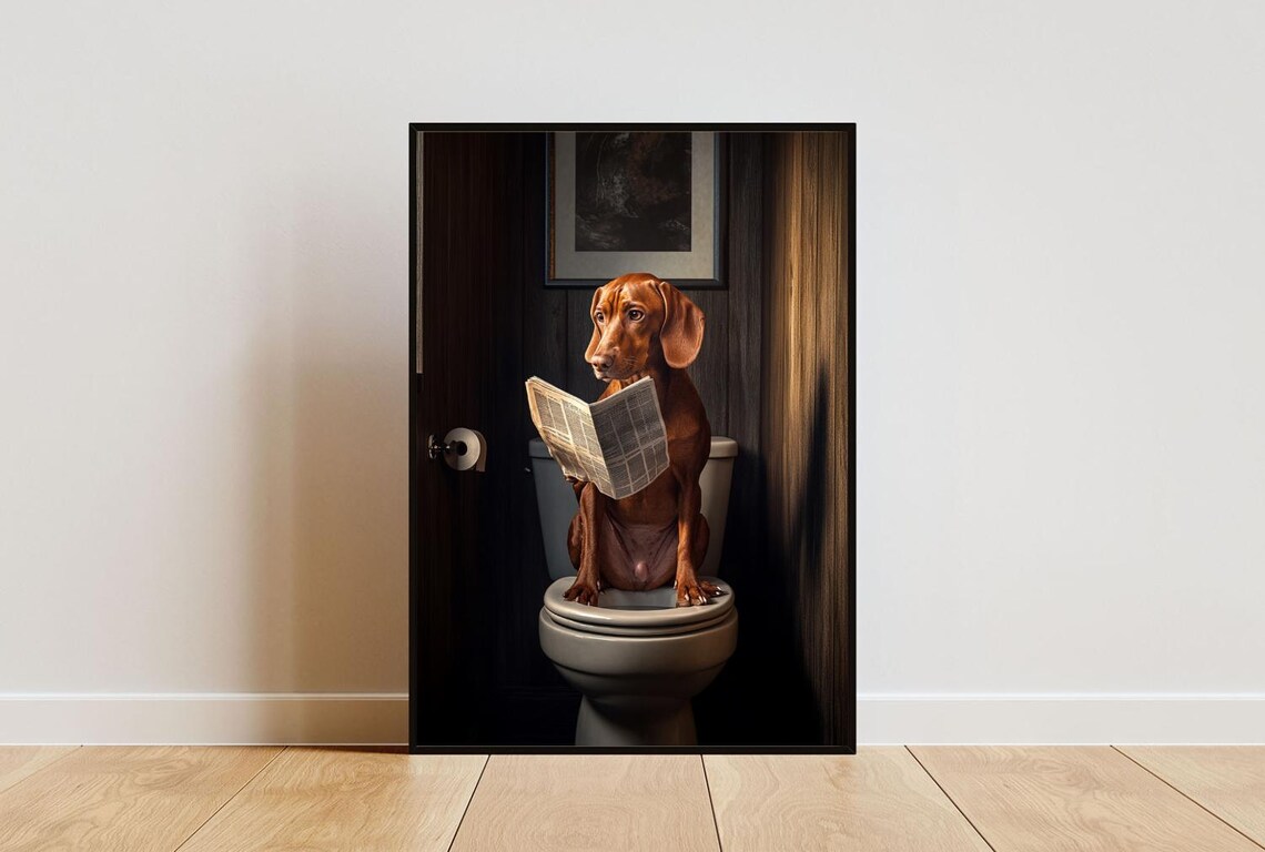 Vizsla Dog On Toilet Reading Newspaper Funny Bathroom Poster Decor