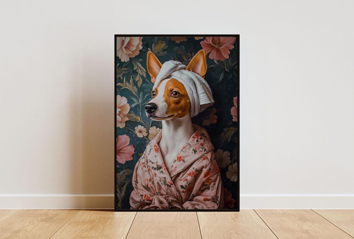 Basenji In Bathrobe Spa Day Portrait Funny Dog Bathroom Poster