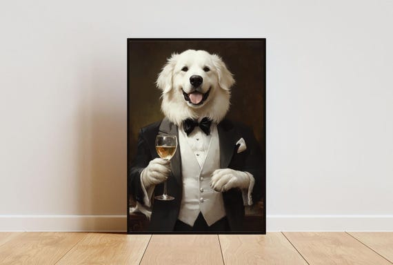 Great Pyrenees In Tuxedo Poster Pet Great Pyrenees In Suit Print Great Pyrenees Portrait Dog Living Room Poster Funny Great Pyrenees Art