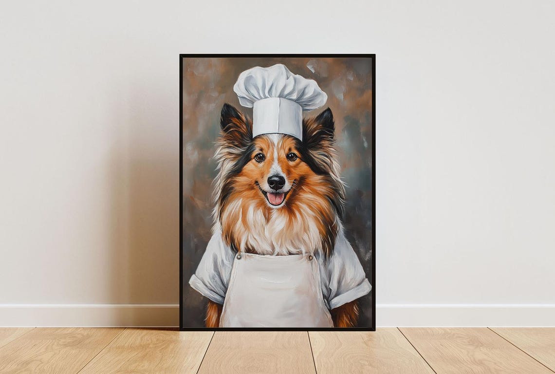Shetland Sheepdog Chef Dog Portrait Poster Happy Kitchen Decor Gift