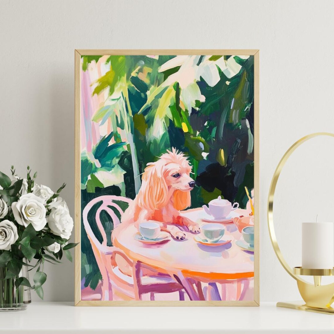 Cream Longhaired Dog Tea Party Colorful Oil Painting Cute Pet Poster - Image 3