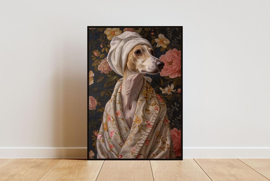 Whippet in Bathrobe Dog Portrait Bathroom Poster