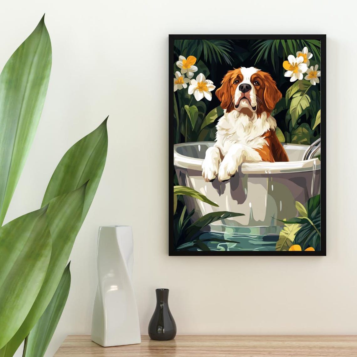 Saint Bernard Relaxing In Bathtub With White Flowers Dog Poster - Image 2
