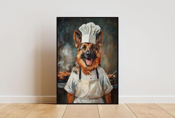 German Shepherd In Chefs Hat Poster Pet Poster German Shepherd In Apron Print Funny Dog Wall Art Funny Dog Portrait Dog Kitchen Poster