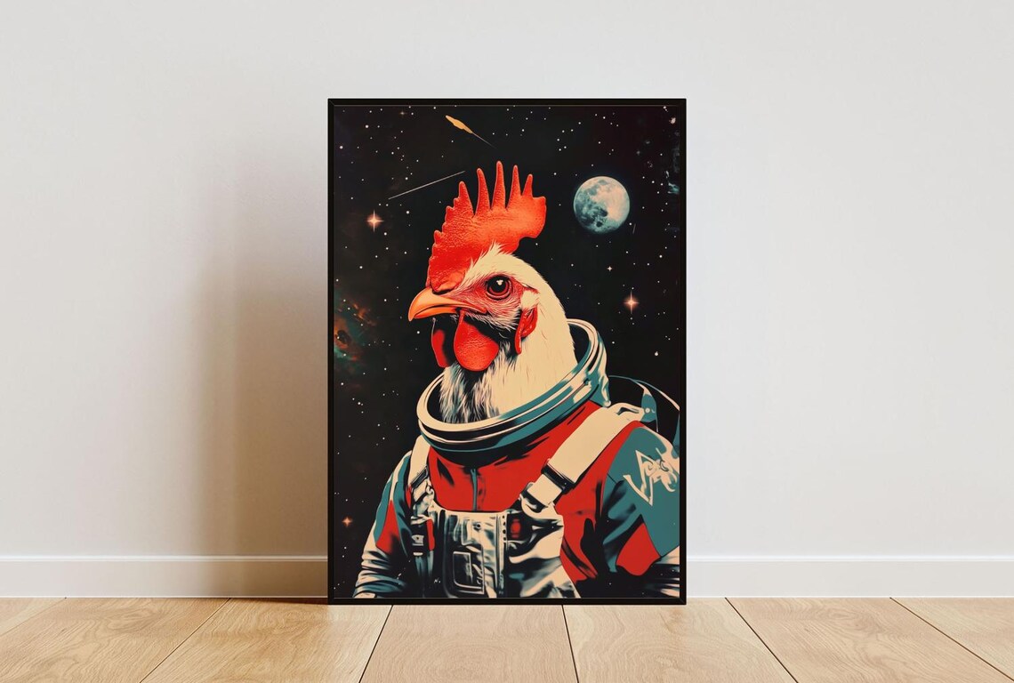 Chicken Astronaut Retro Space Poster, Vintage Portrait