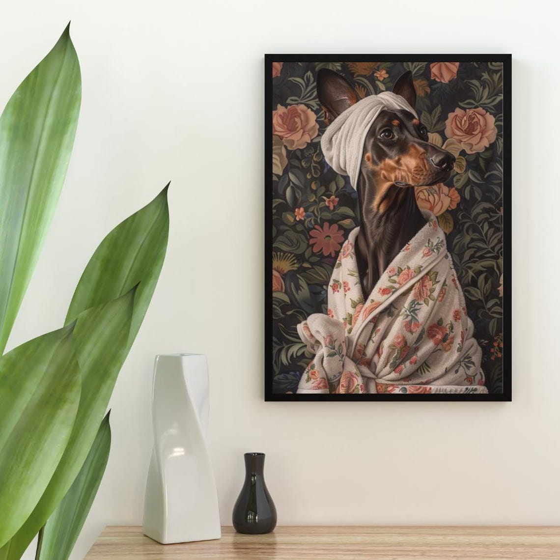 Doberman Pinscher in Bathrobe Floral Wallpaper Bathroom Art Poster - Image 2