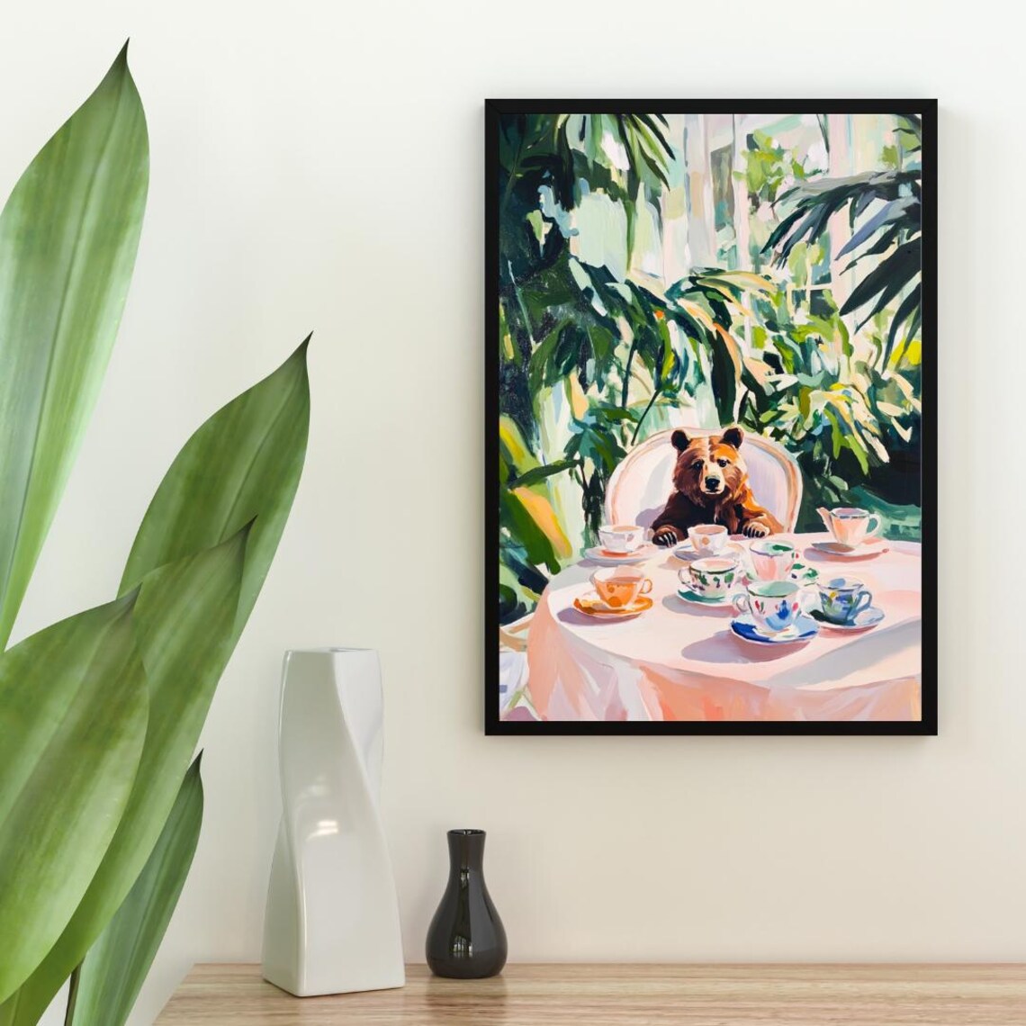 Brown Bear at Tea Table Whimsical Wildlife Painting Portrait Poster - Image 2