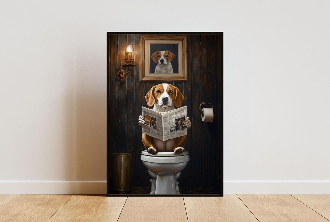 Beagle On Toilet Poster, Dog Bathroom Art Print