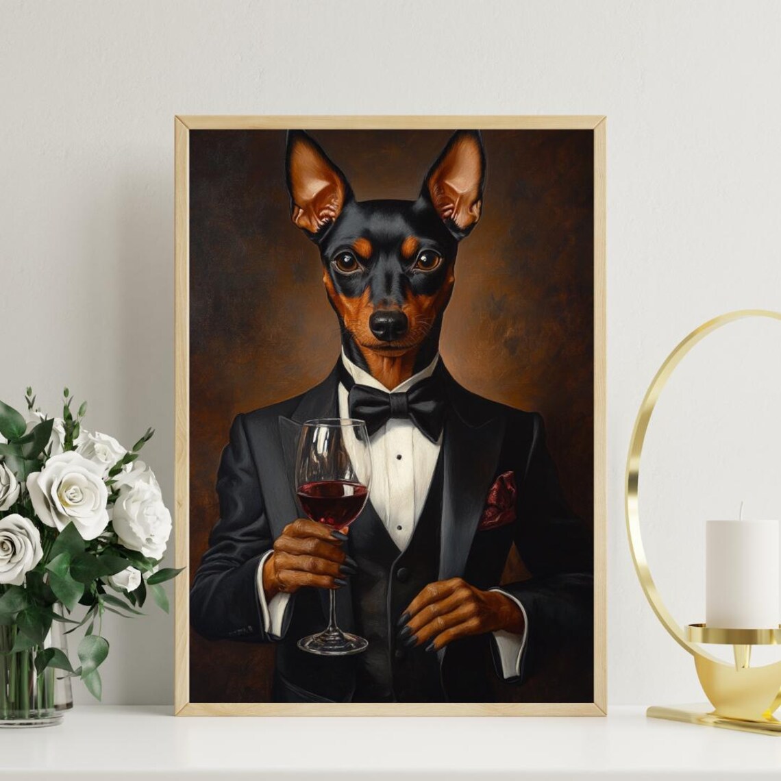 Miniature Pinscher In Tuxedo Holding Red Wine Glass Dog Portrait Poster - Image 3