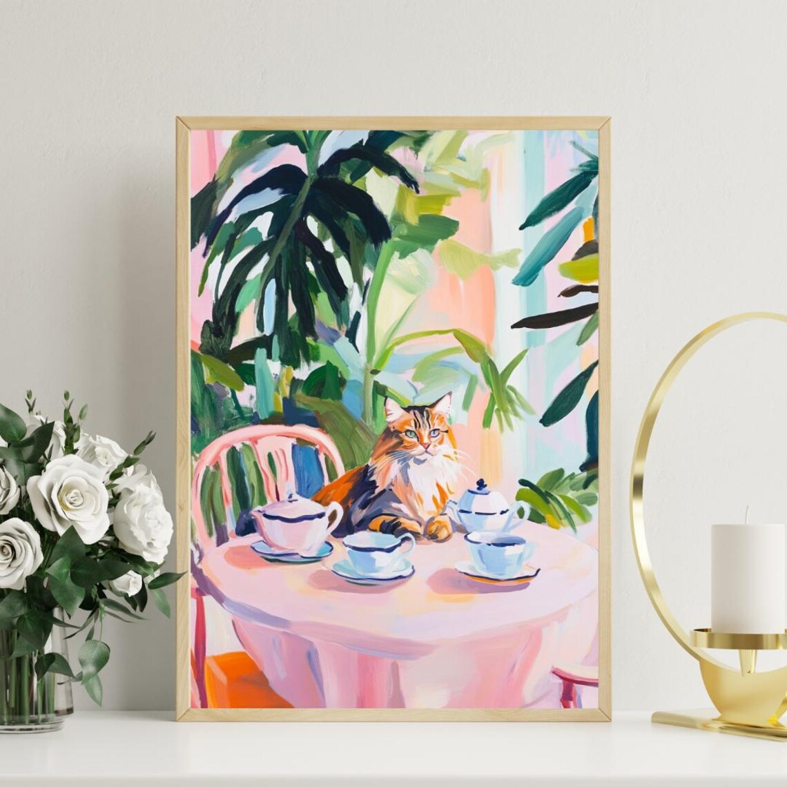 Maine Coon Cat Tea Party Fluffy Tabby Oil Painting Vintage Poster - Image 3