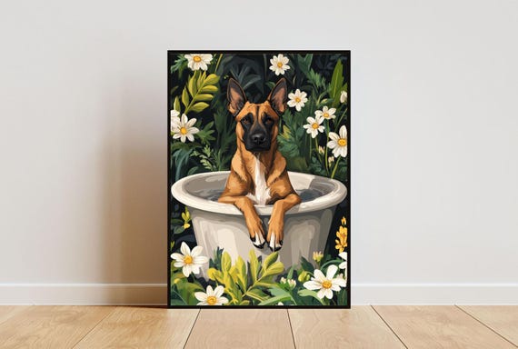 Belgian Malinois In Bathtub Poster Funny Dog Poster Belgian Malinois Bathroom Print Belgian Malinois Bath Poster Dog Bathroom Wall Art