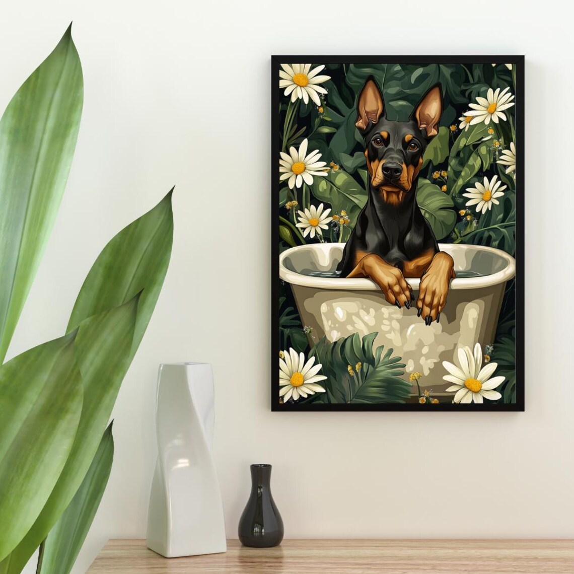 Doberman Pinscher in Bathtub Black Dog Bathroom Daisy Floral Poster - Image 2
