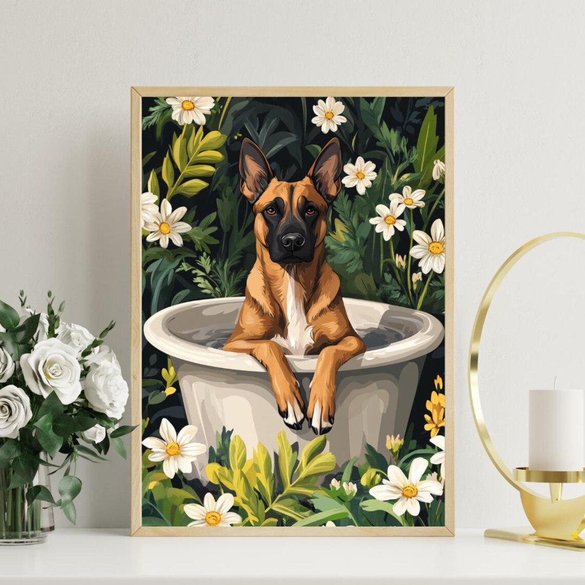 Belgian Malinois in Bathtub Tan Dog Bathroom Daisy Floral Art Poster - Image 3