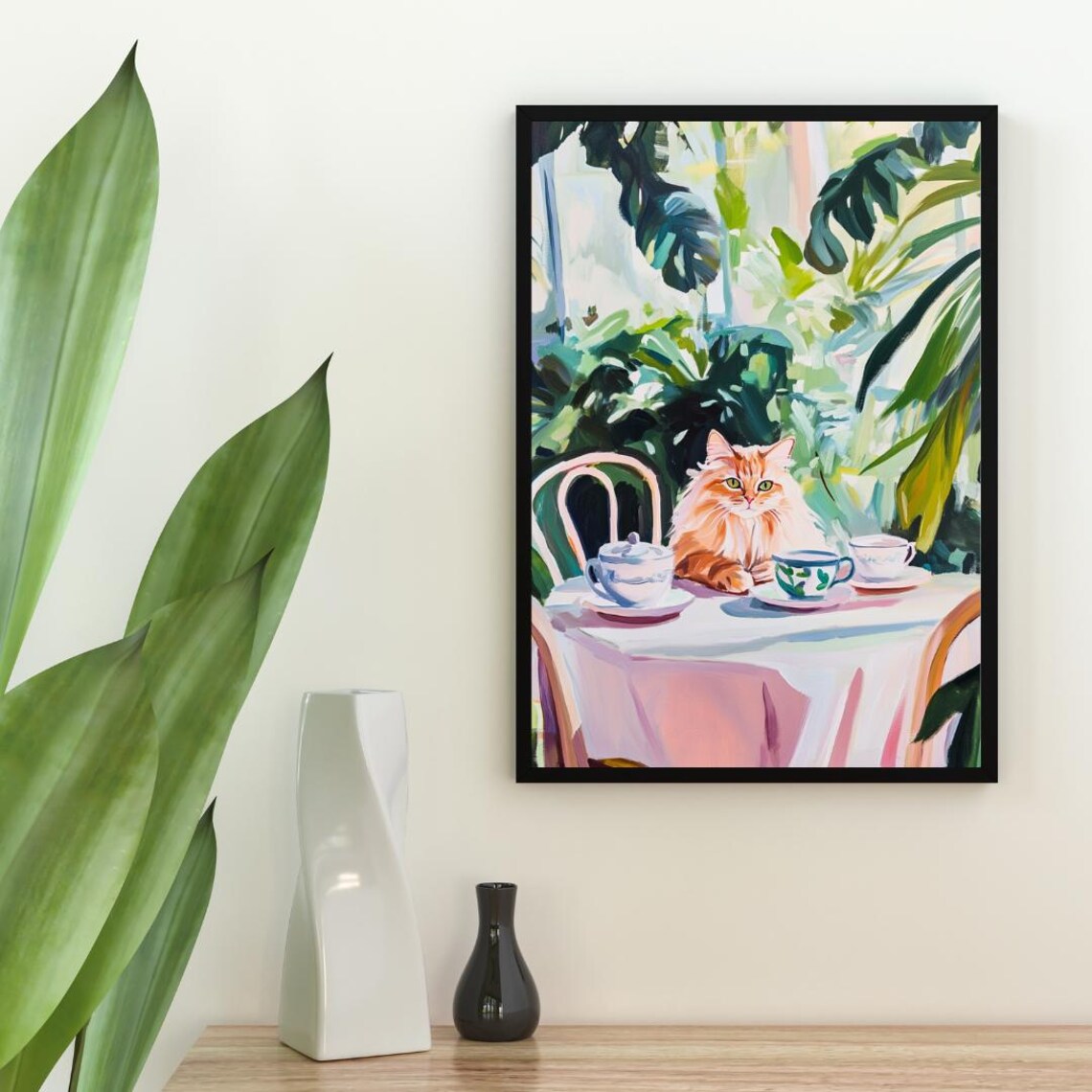 Persian Cat Tea Party Fluffy Orange Oil Painting Colorful Poster - Image 2