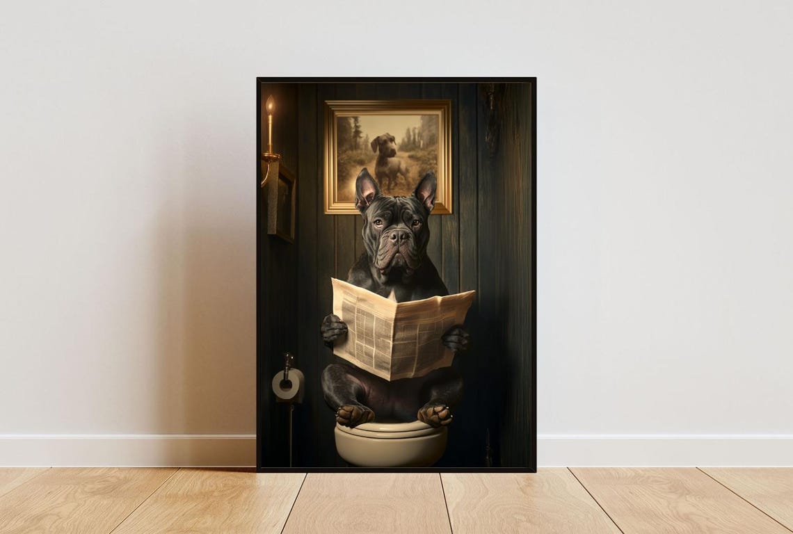 Cane Corso On Toilet Reading Newspaper Funny Bathroom Poster