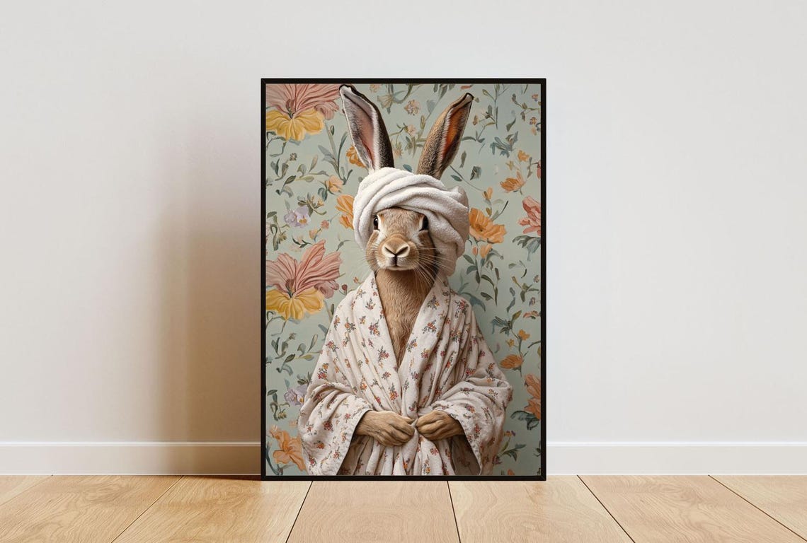 Hare In Floral Bathrobe With Towel Turban Funny Animal Poster