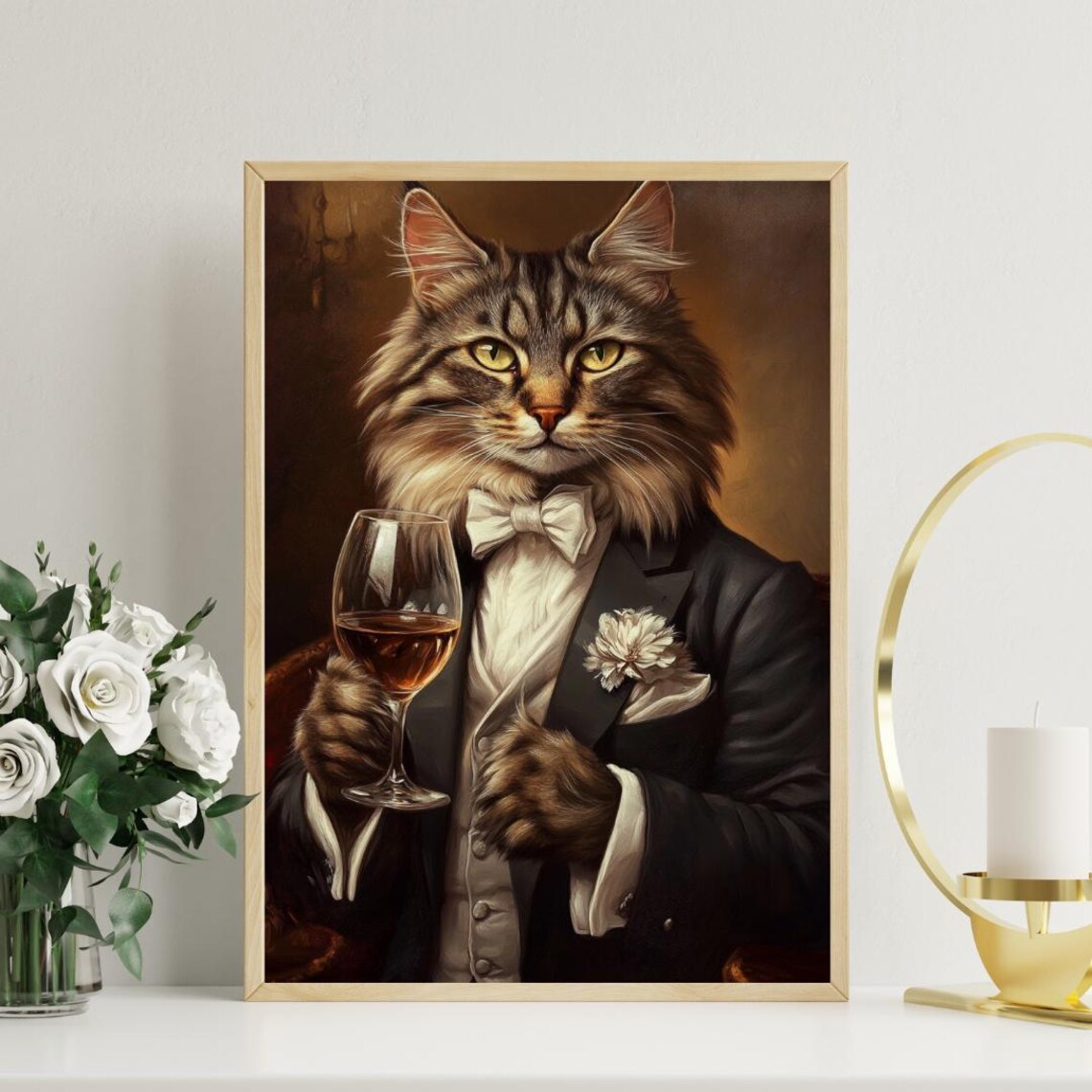 Norwegian Forest Cat In Tuxedo Holding Wine Glass Longhair Portrait Poster - Image 3