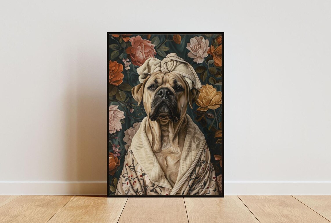 English Mastiff Bathrobe Towel Turban Dark Floral Portrait Poster