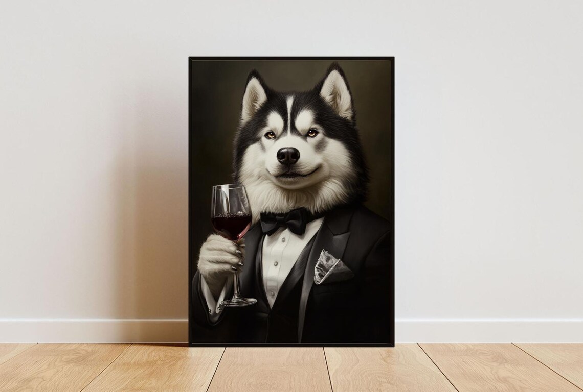 Alaskan Malamute In Tuxedo Poster Pet Alaskan Malamute In Suit Print Alaskan Malamute Portrait Dog Living Room Poster Funny Husky Print