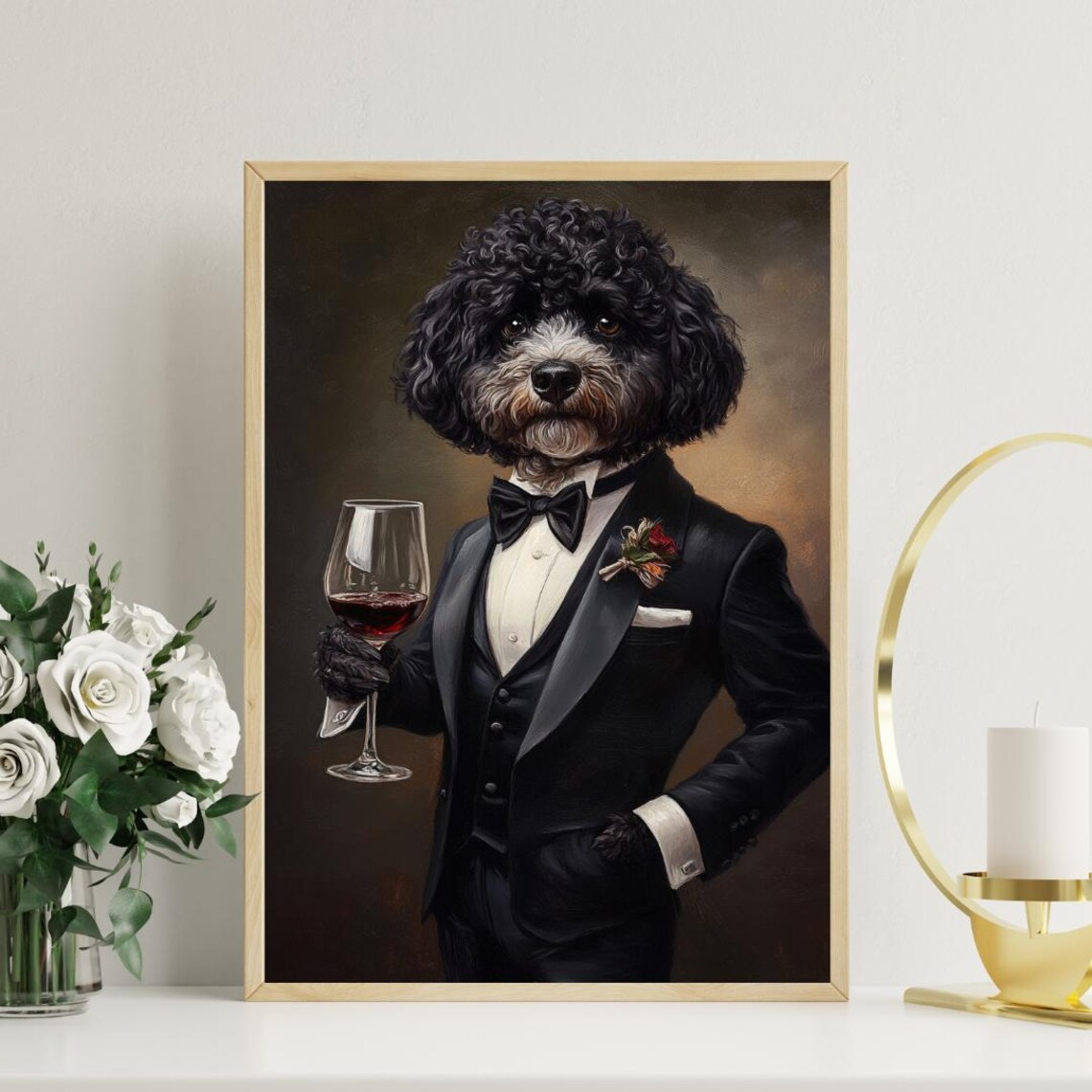 Portuguese Water Dog In Tuxedo Holding Red Wine Dapper Portrait Poster - Image 3