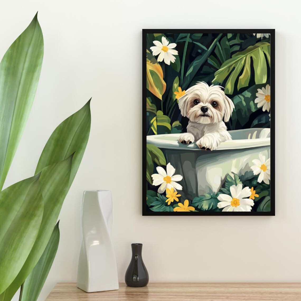 Maltese in Bathtub Cute White Dog Bathroom Daisy Floral Art Poster - Image 2