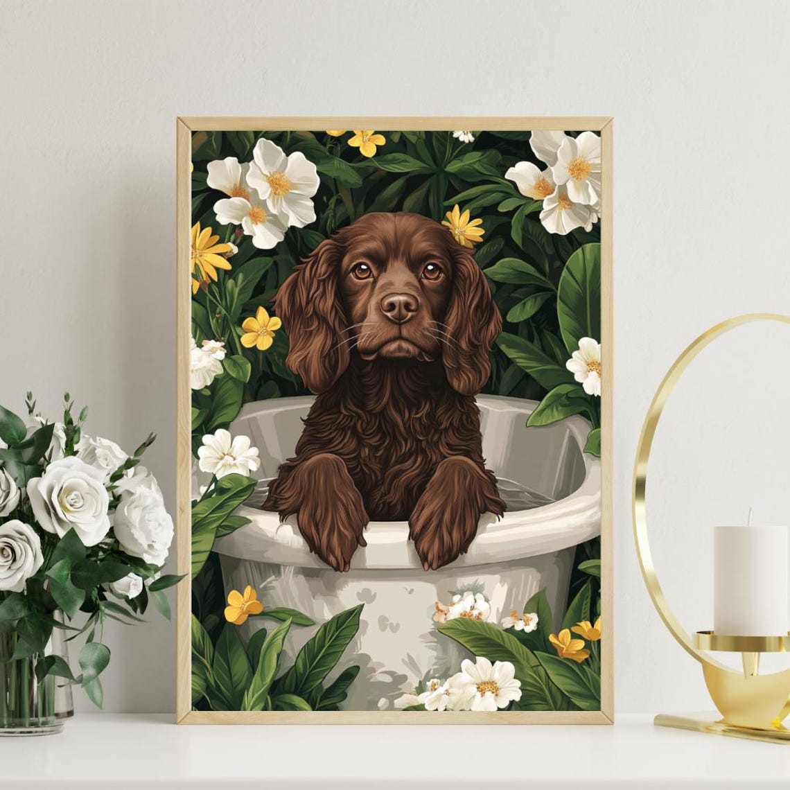 Boykin Spaniel Bathtub Dog Portrait Poster Funny Floral Bath Decor - Image 3