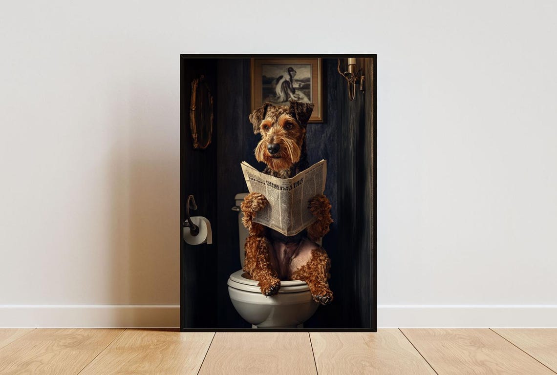 Airedale Terrier Reading Newspaper On Toilet Bathroom Art Poster