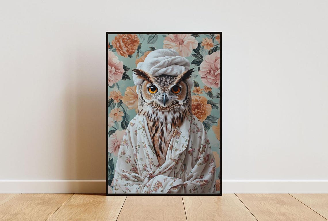 Owl In Bathrobe Poster Animal Poster Owl Bathroom Print Animal Wall Art Owl Portrait Animal Bathroom Poster Funny Owl Poster Owl Art