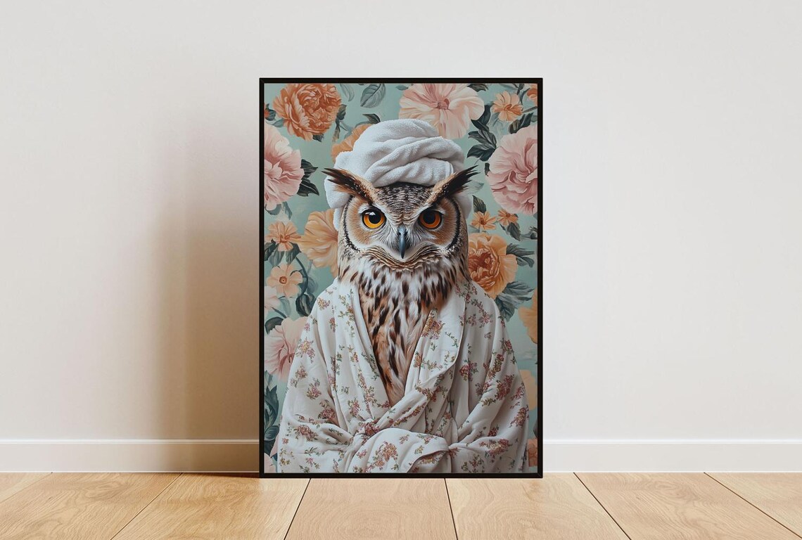 Owl In Floral Bathrobe With Towel Turban Funny Animal Poster