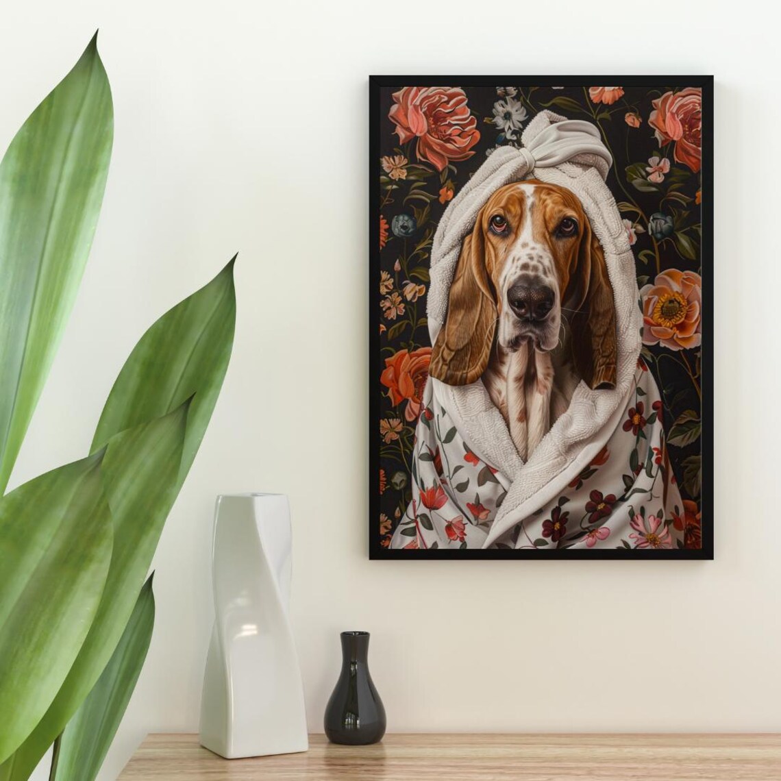 Basset Hound In Bathrobe Bathroom Art Print - Image 2