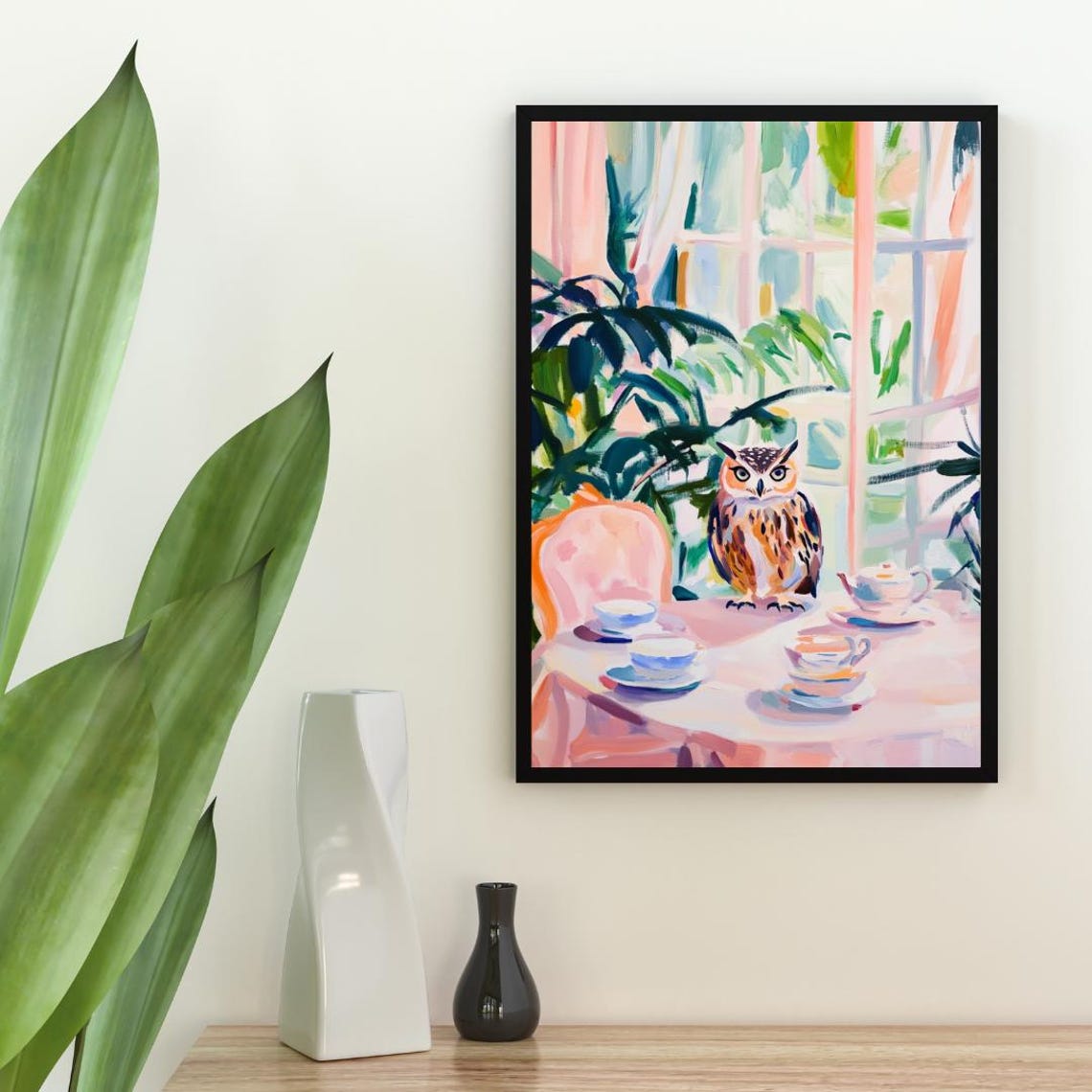 Owl at Tea Table Whimsical Woodland Bird Painting Portrait Poster - Image 2