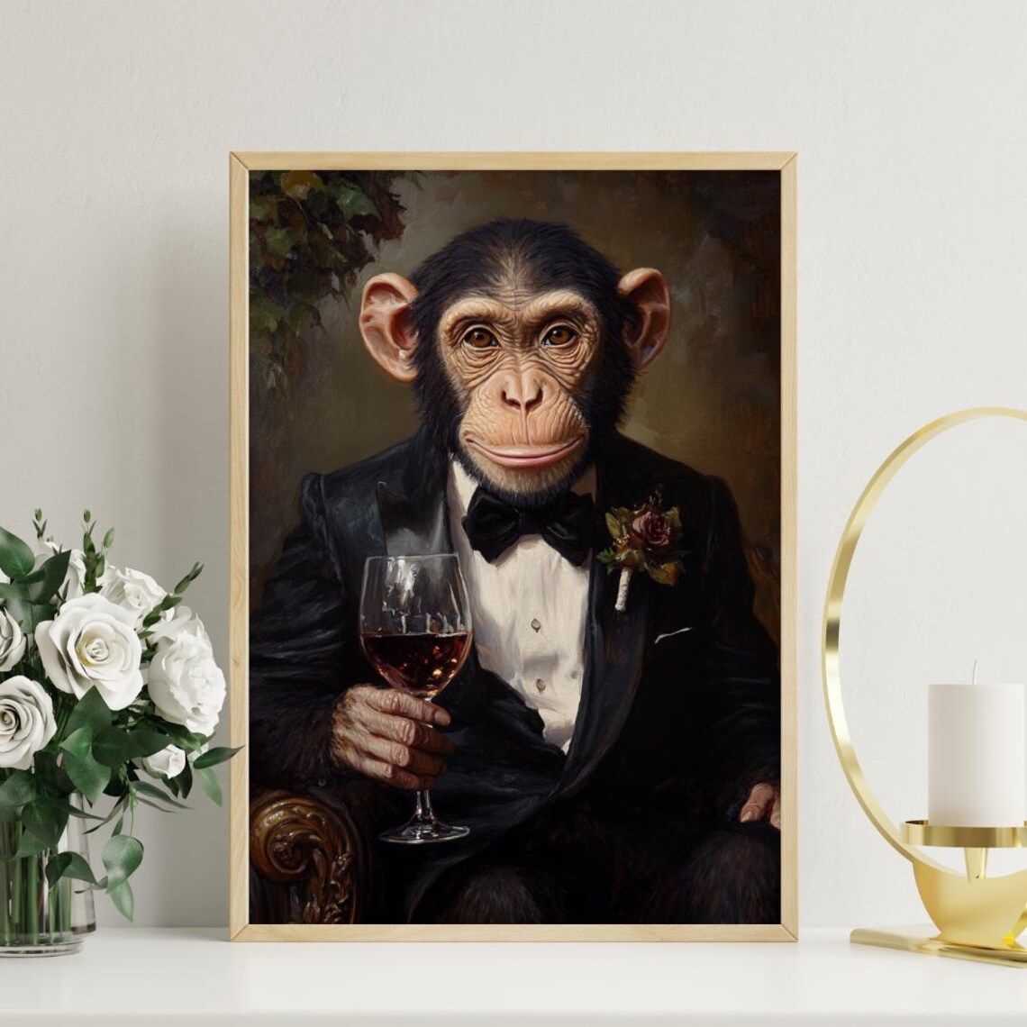 Chimpanzee In Tuxedo Holding Wine Glass Formal Oil Painting Poster - Image 3