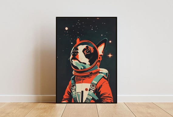 Boston Terrier Astronaut Retro Space Poster Print