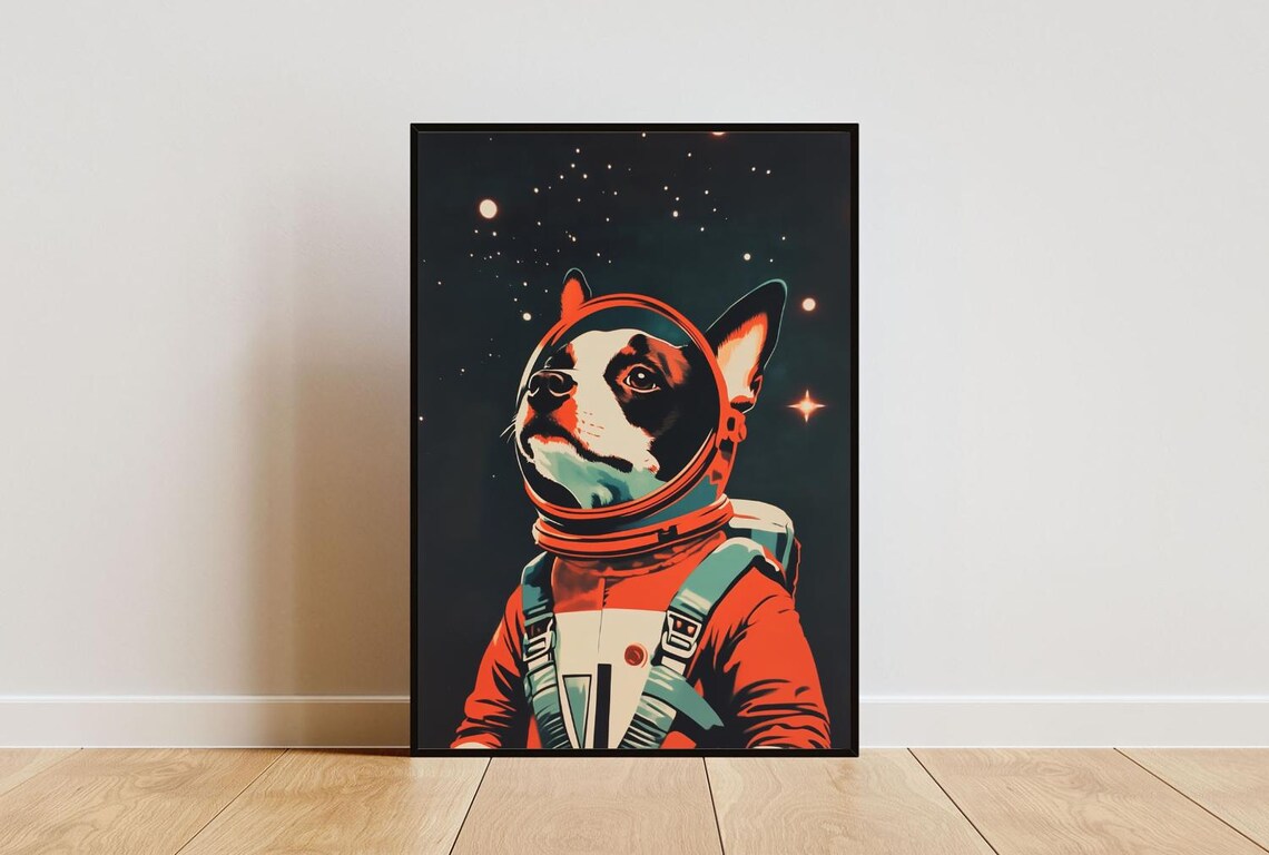 Boston Terrier Astronaut Retro Space Poster Print