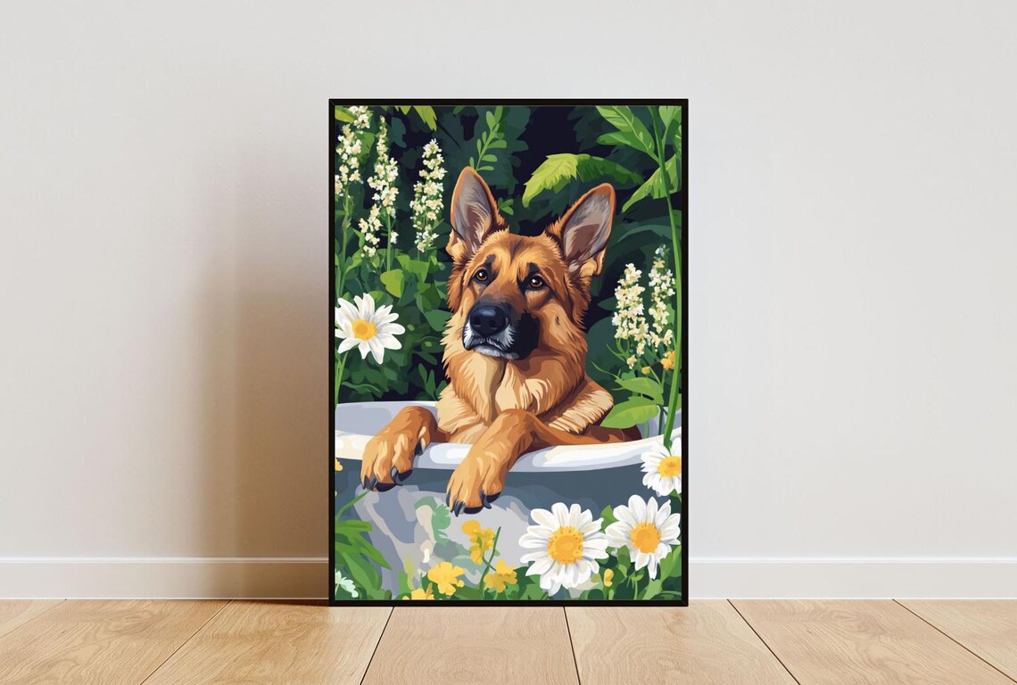 German Shepherd in Bathtub Big Dog Bathroom Daisy Floral Art Poster