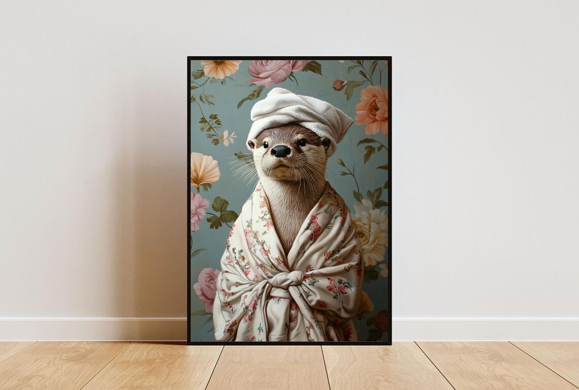 Otter In Floral Bathrobe With Towel Turban Funny Animal Poster